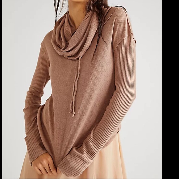 Free people we the free Hot Peppers Hoodie size xs ribbed tan cowl neck pullover - Picture 8 of 8